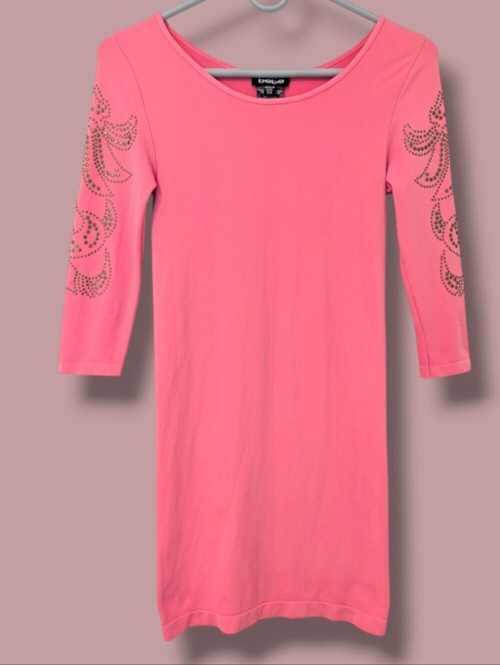 bebe Pink Beaded Rhinestone Half Sleeve Round Neck Bodycon Mini Dress Festival S